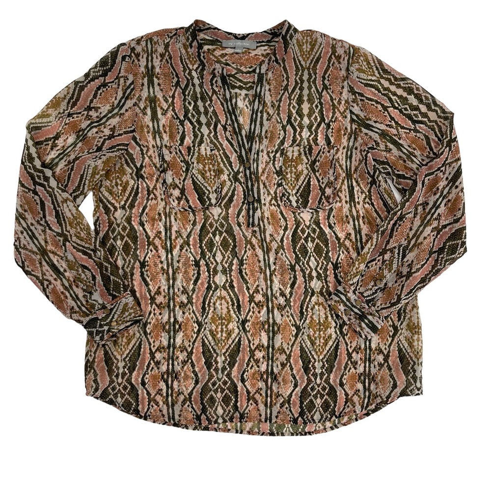 NY Collection Blouse Womens Roll Tab Long Sleeve Large Pink Snake Print Sheer
